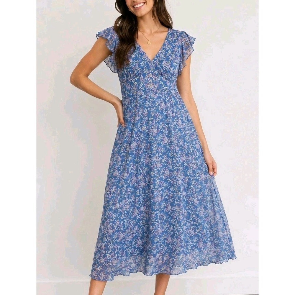 No Boundaries Floral Midi Dress Blue Pink Flutter Sleeve Cottagecore Size S 4-6